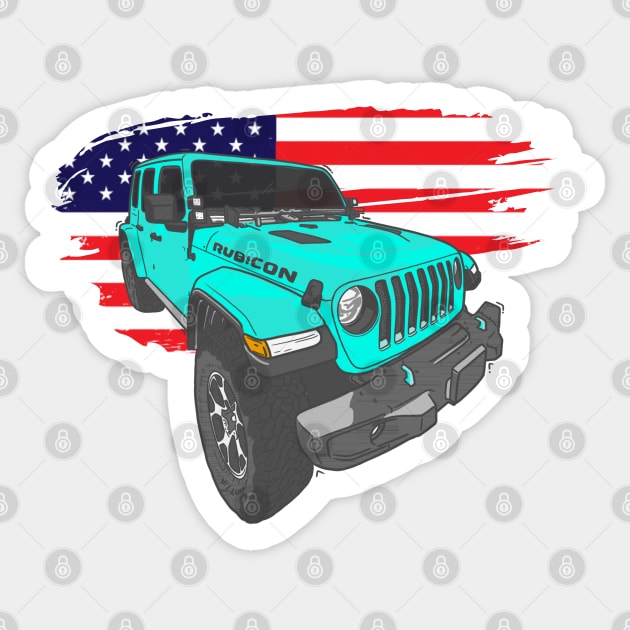 Jeep Wrangler with American Flag - Ocean Blue Sticker by 4x4 Sketch